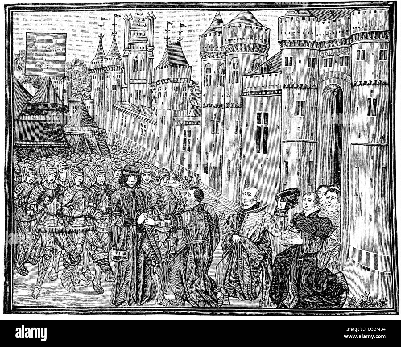 Vintage Gravur aus ein 15. Jahrhundert Original der Einreichung von Bordeaux zu den Franzosen im Jahre 1453 während des Hundertjährigen Krieges Stockfoto