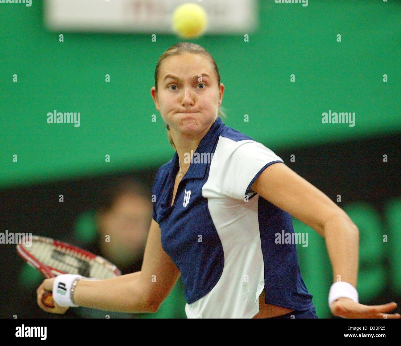 (Dpa) - russische Tennisspielerin Nadia Petrova konzentriert sich auf den ball vor einer Rückkehr in den internationalen Tennis-Turnier in Leipzig, Deutschland, 25. September 2003. Sie gewann die Runde der 16 Spiel gegen Deutschlands Anna-Lena Grönefeld, 3-6, 6-1 und 6-4. Stockfoto
