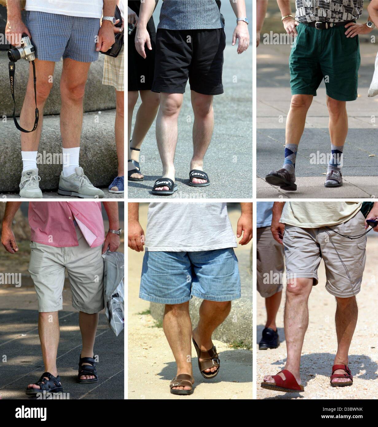 (Dpa) - zeigt die Combo männliche Touristen tragen alle Arten von Hosen und Schuhe an einem touristischen Ort in Koblenz, Deutschland, 12. August 2003. Stockfoto