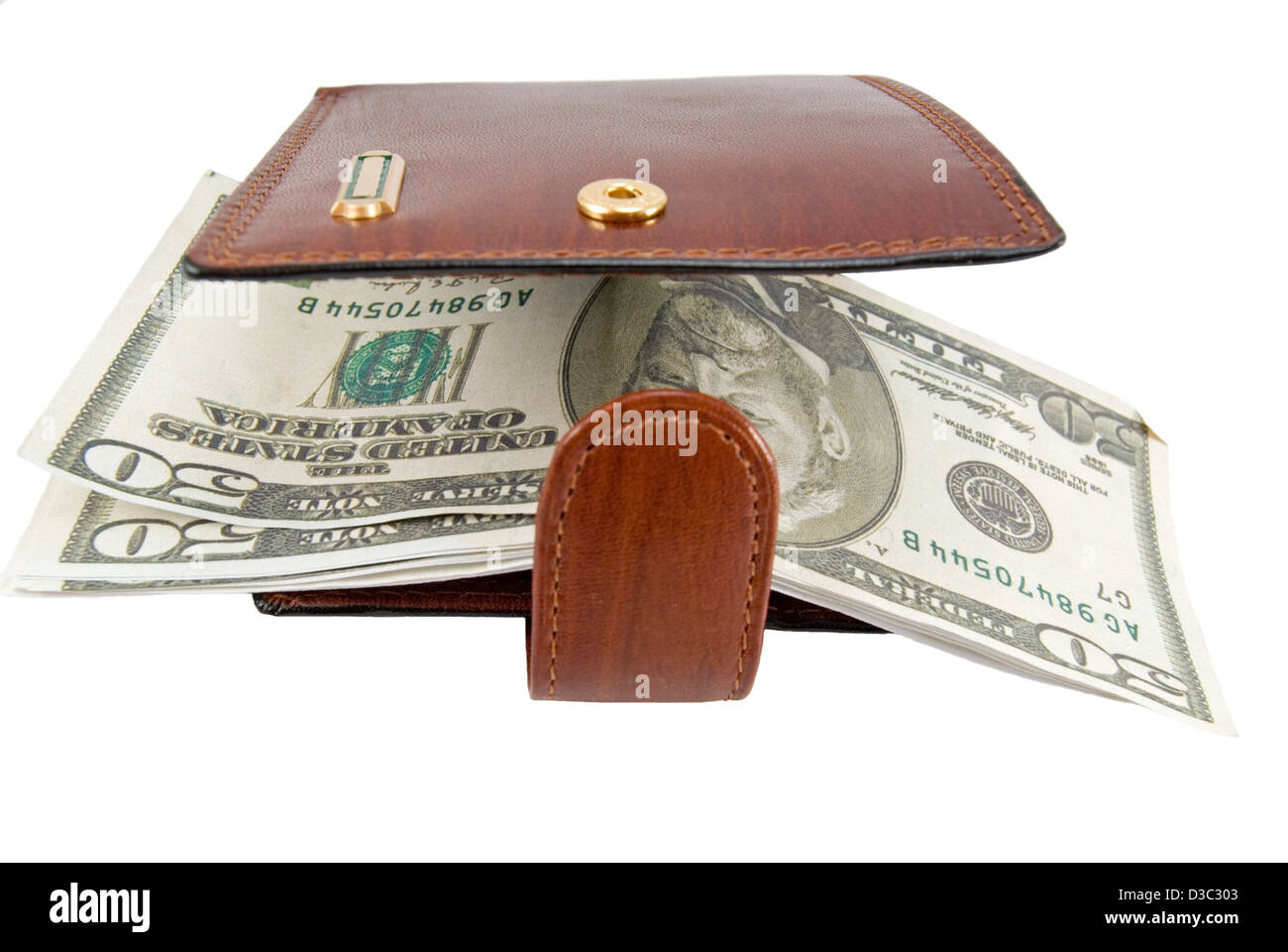 Braun Leder Brieftasche und fünfzig Dollar Stückelungen Stockfoto