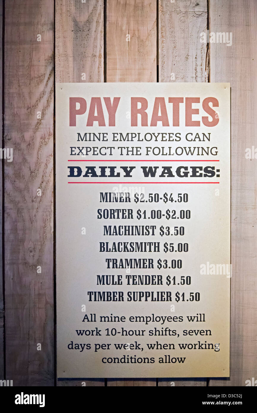 Ein Plakat Einstellung Lohnsätze von Colorados Bergbaugeschichte im Colorado History Center, Stockfoto