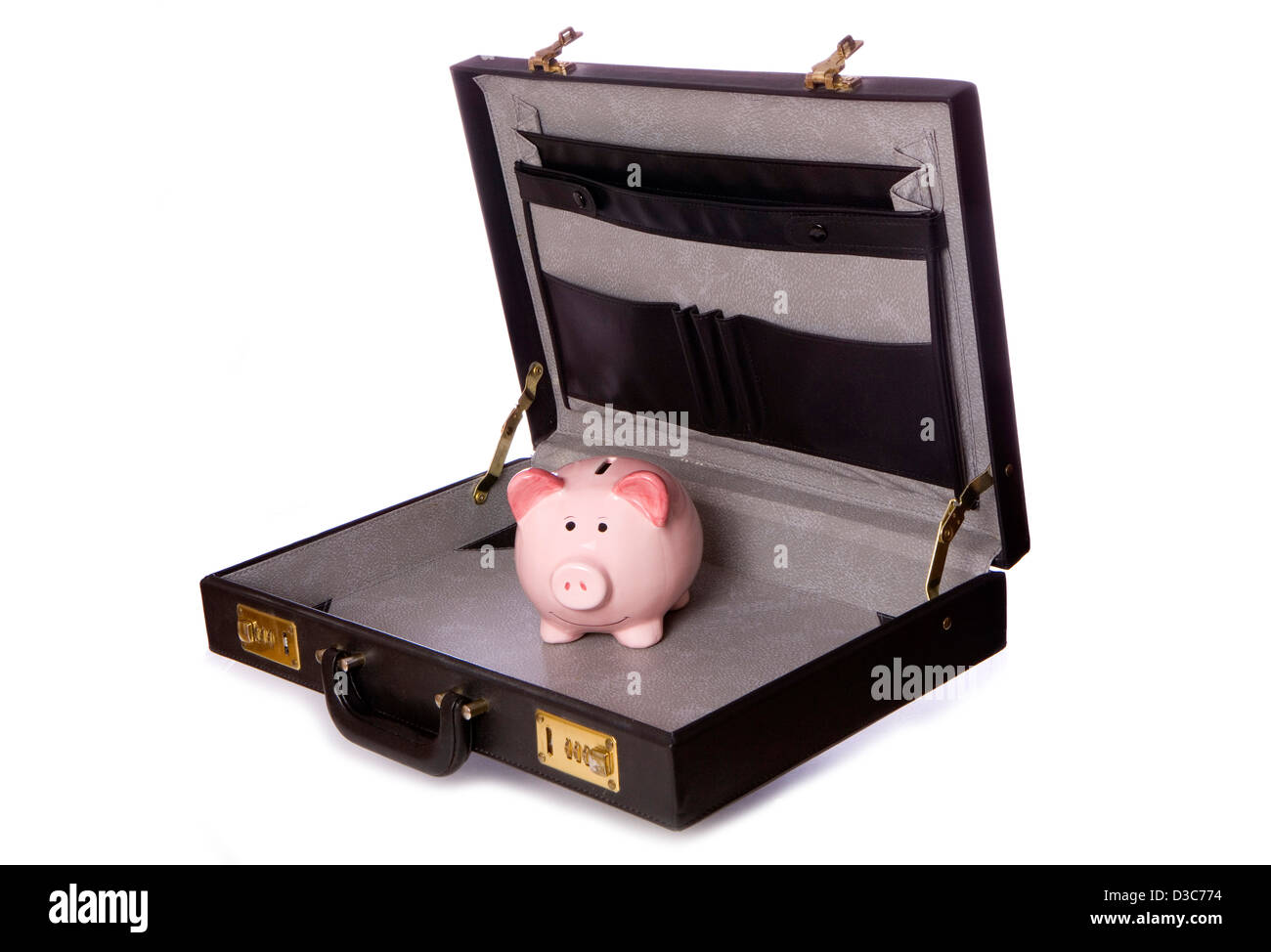 Piggy Bank in Aktenkoffer Studio Ausschnitt Stockfoto