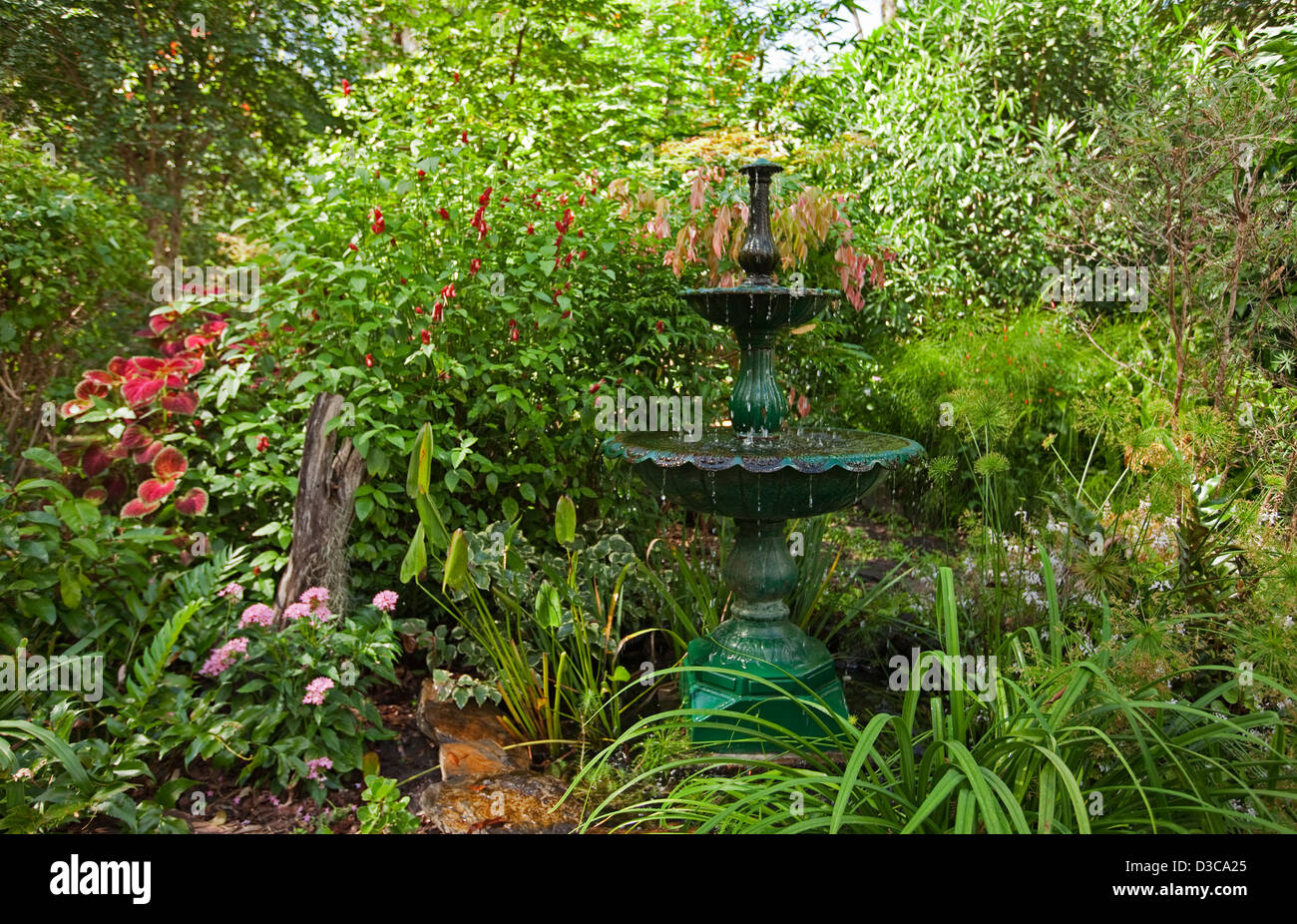 Multi-tiered Brunnen und Pool - eine beeindruckende Wasserspiel für klassisches Design, umgeben von bunten Garten mit Blumen und Sträuchern Stockfoto