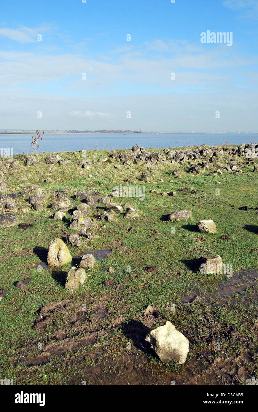 Ein Blick auf die Themse, Gravesend, Kent, Essex und Felsen in ein Feld im Vordergrund. Stockfoto