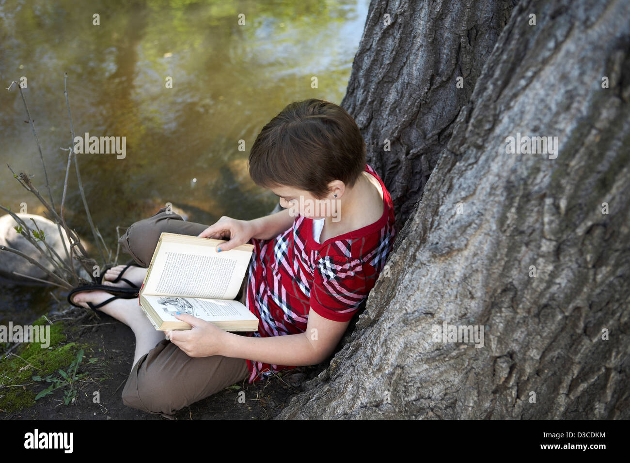 Mädchen an einen Baum gelehnt Buch am Bach Stockfoto