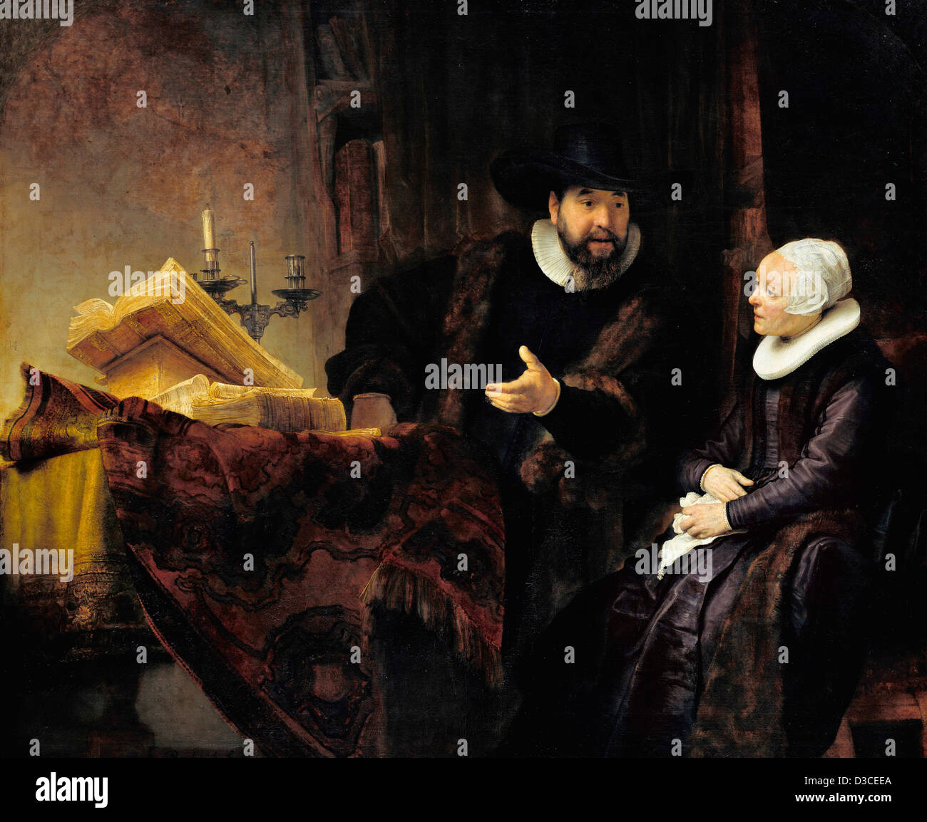 Rembrandt van Rijn, die Mennonitische Prediger Anbetung und seine Frau. 1641 Öl auf Leinwand. Barocke. Gemäldegalerie, Berlin. Stockfoto