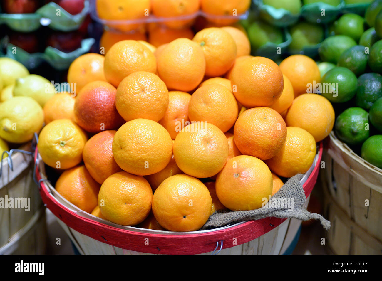 Scheffel von Orangen, Zitronen und Limetten, dargestellt in einem Einzelhandelsmarkt Gourmet-Essen Stockfoto