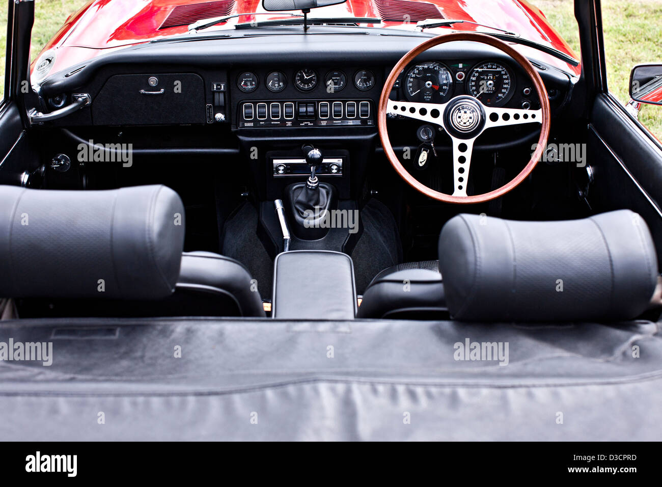 Sitze und Lenkrad, Jaguar E-Type Stockfoto