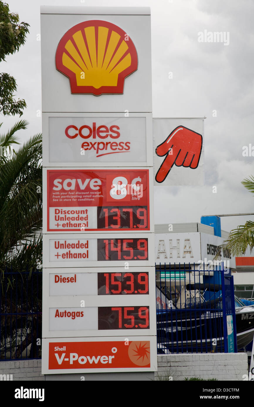 Coles Express und Schale, Preise Signaltechnik sind schon deutlich gesunken. Coles Supermärkte verwendet Status Quo zu Marktpreisen hinunter Stockfoto