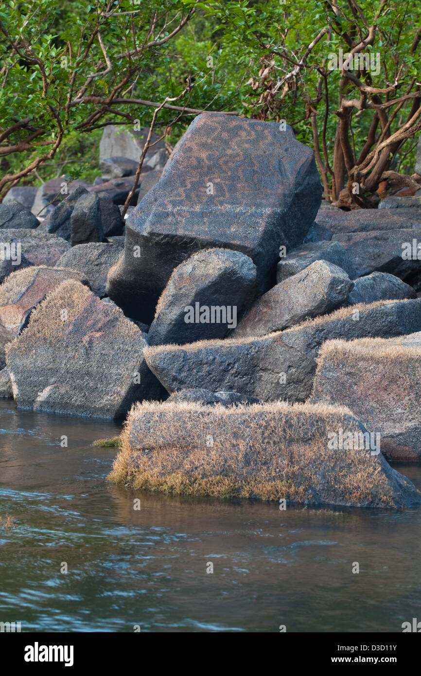 Petroglyphen. Indianische Enscribed Markierungen in Granitfelsen vor über 5000 Jahren. Hier an der Uferlinie des Flusses Essequibo, Stockfoto