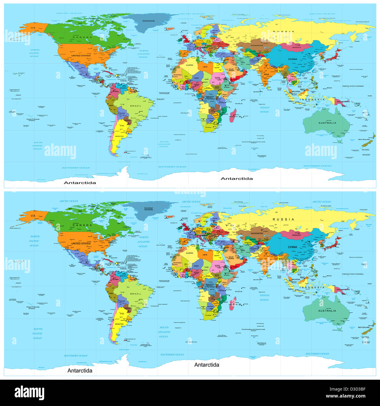 Politische Landkarte der Welt. Für den Einsatz in 3D Editoren verzerrt. Stockfoto