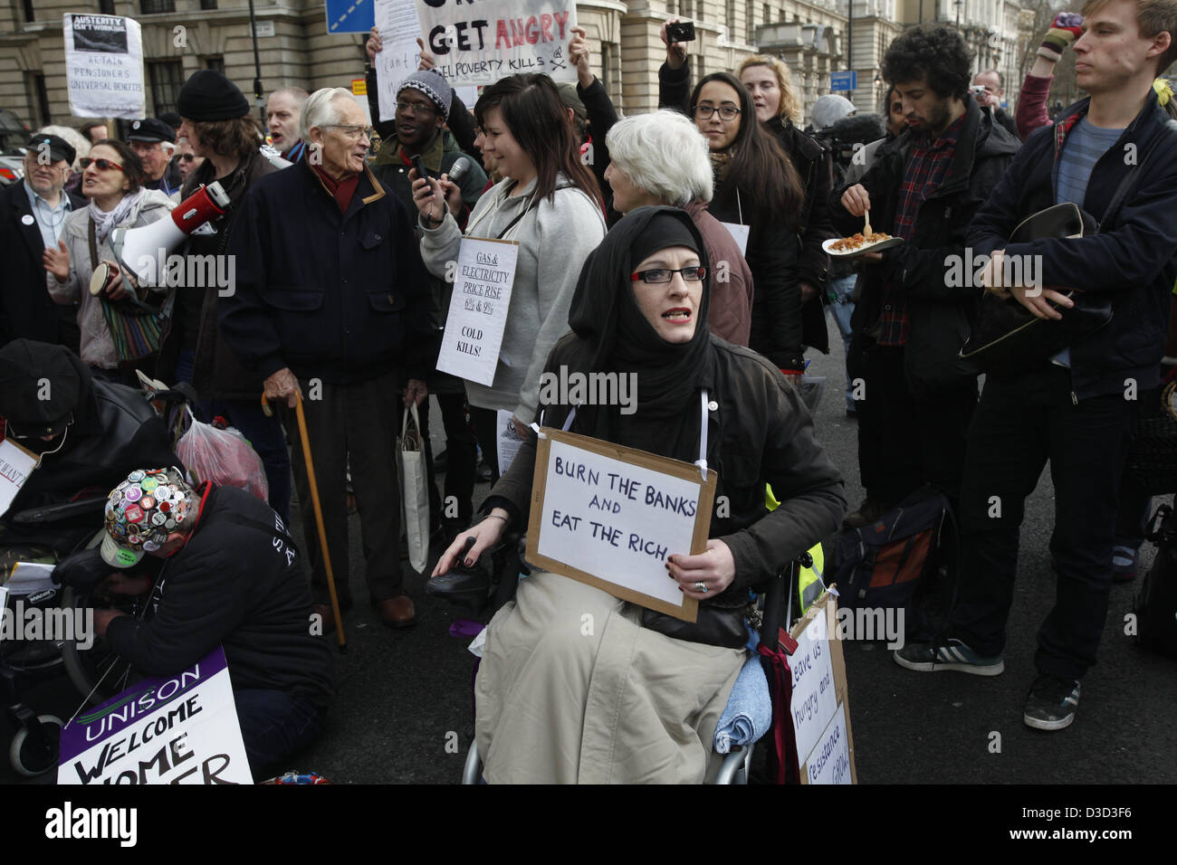 16.02.13 England, London, Brennstoff Armut Protest auf Whitehall in London. Stockfoto