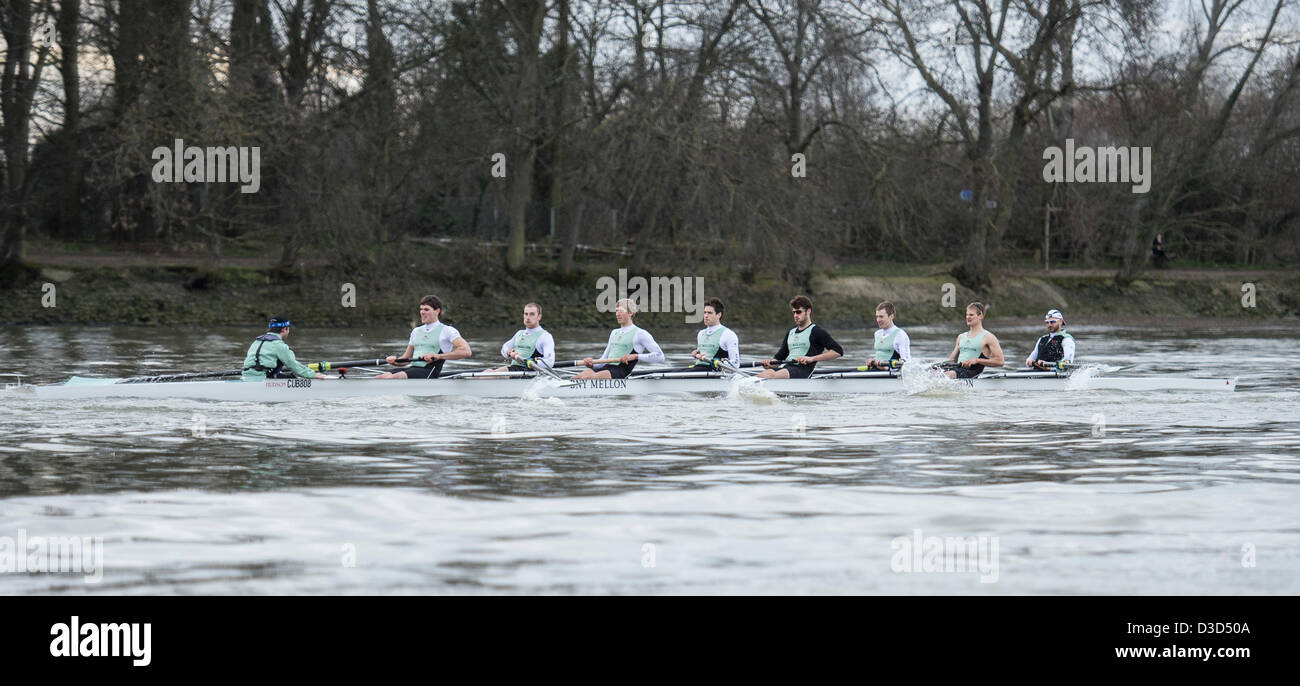 Putney nach Mortlake Boat Race, Themse, London, UK. 16. Februar 2013. Cambridge University Boat Club Vs Bootsrennen der University of Washington. Cambridge Blau Boots Crew:-B: Mailand Bruncvik, 2: Grant Wilson, 3: Ty Otto, 4: Steve Dudek, 5: Alexander Scharp, 6: Niles Garratt, 7: George Nash, S: Alexander Fleming, C: Henry Fieldman. Universität von Washington Crew:-B: Julian Svoboda, 2: 3 Alexander Perkins: Sam Dommer, 4: Marcus Bowyer, 5: Alex Bunker, 6: Colin McCabe, 7: Henry Meek, S: Dusan Milovanovic, C: Lisa Caldwell. Stockfoto