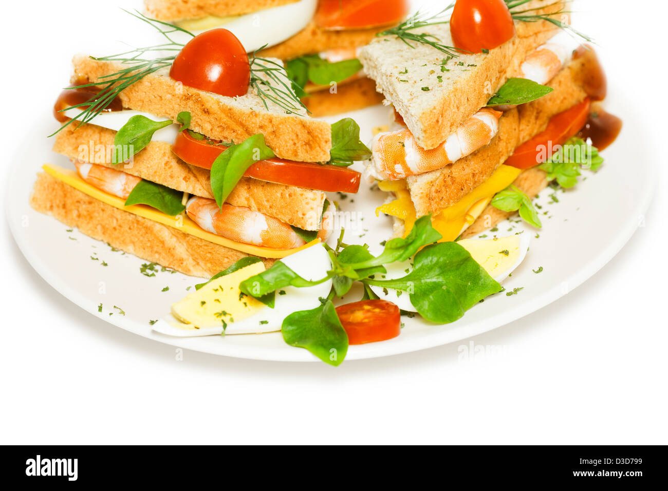 Garnelen-Sandwiches auf weißen Hintergrund Stockfoto