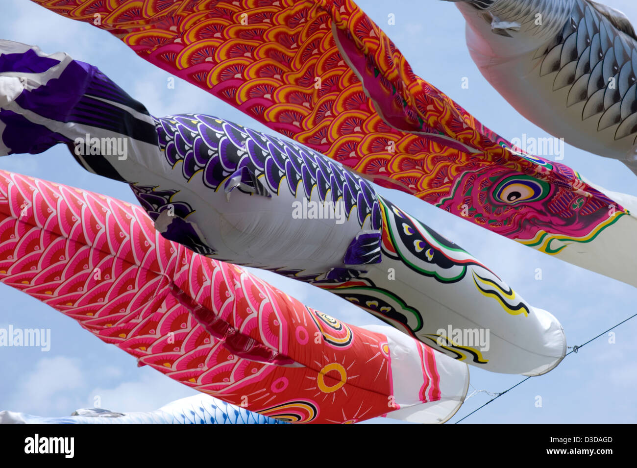 Bunte Koinobori Karpfen Luftschlangen wiegen sich im Wind am 5. Mai, Jungentag, ein Nationalfeiertag in Japan. Stockfoto