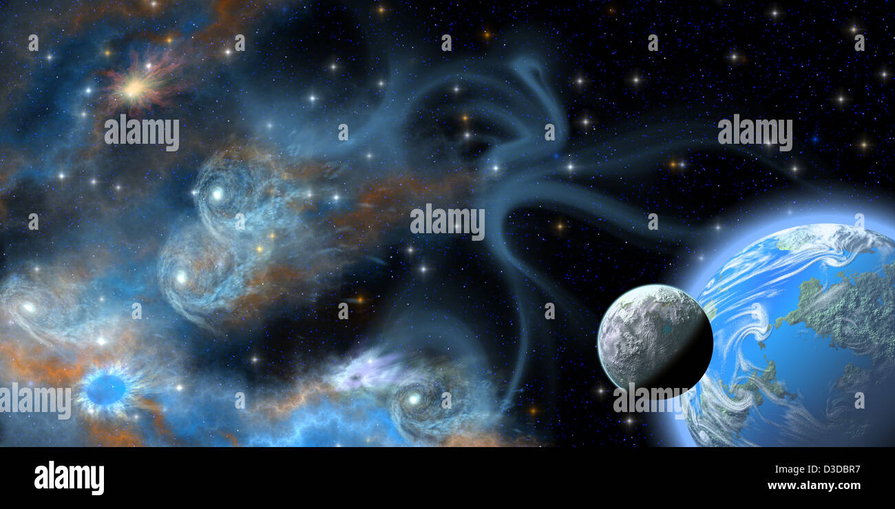 Einem erdähnlichen Planeten und den Mond schweben in der Nähe von einem blauen Nebel mit zwei Galaxien fast in der Mitte. Stockfoto