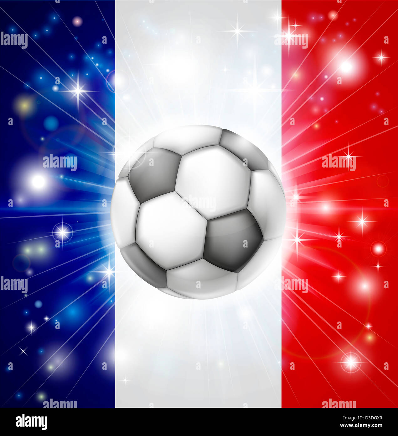 Flagge von Frankreich Fußball Hintergrund mit pyrotechnischen oder leicht platzen und Fußball Fußball-Ball in der Mitte Stockfoto