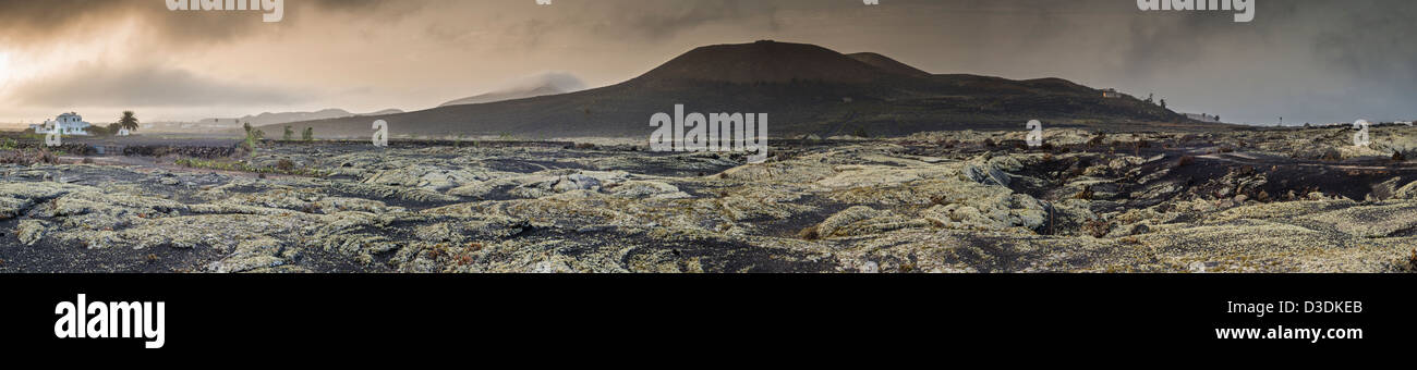 Nebel am frühen Morgen auf dem Flechten bedeckten Pahoehoe oder Mycelstränge Lava in der Nähe von Masdache, Lanzarote, Kanarische Inseln, Spanien Stockfoto