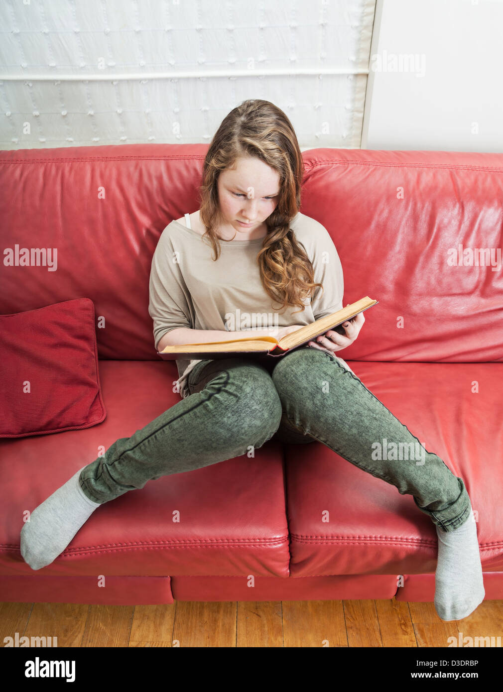 Vogelperspektive Blick auf Teenager-Mädchen auf rotem Ledersofa sitzen und Buch Stockfoto