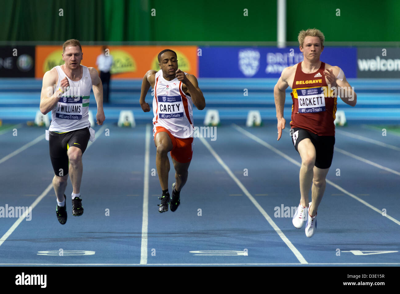 Greg CACKETT, James WILLIAMS, Cycle CARTY, 60m Herren Heat 1, 2013 britischen Leichtathletik Studien in Europa (EIS) Sheffield, UK. Stockfoto