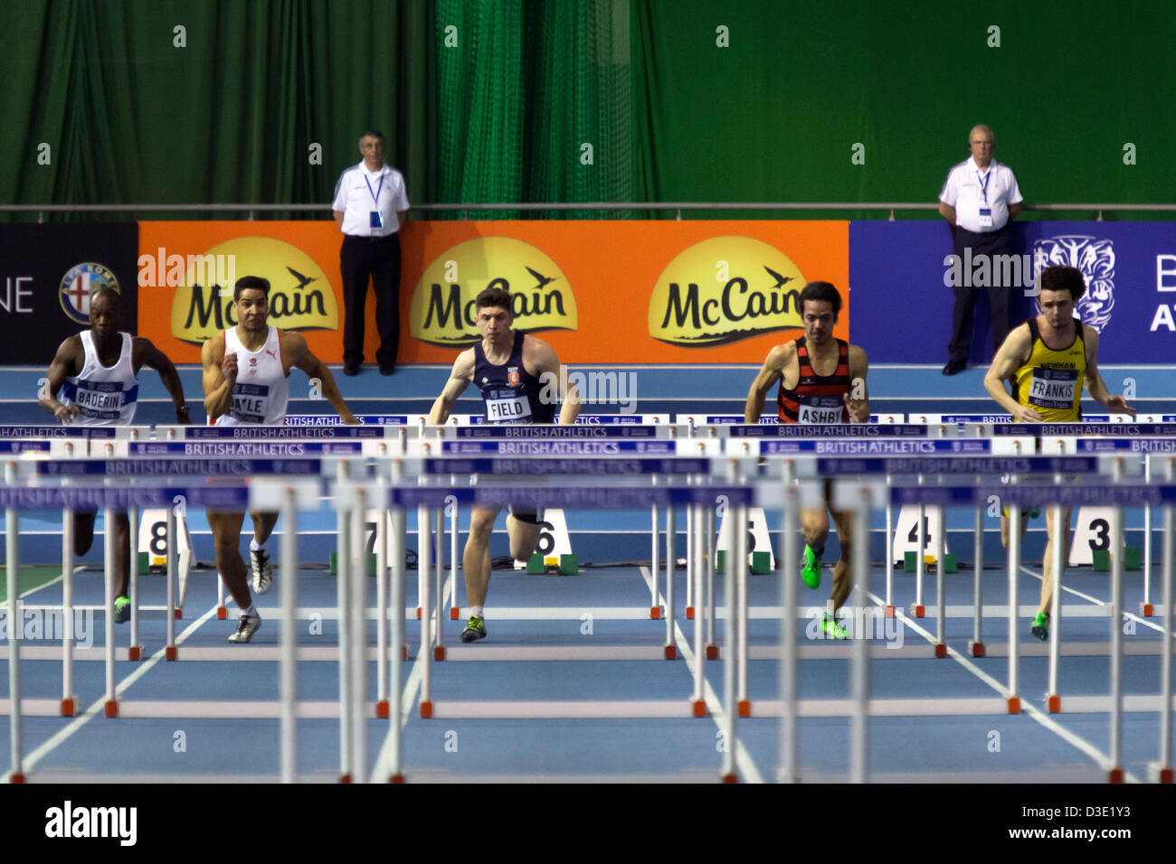 60m Hürden Männer Wärme 2, 2013 britischen Leichtathletik Studien in Europa (EIS) Sheffield, UK Stockfoto