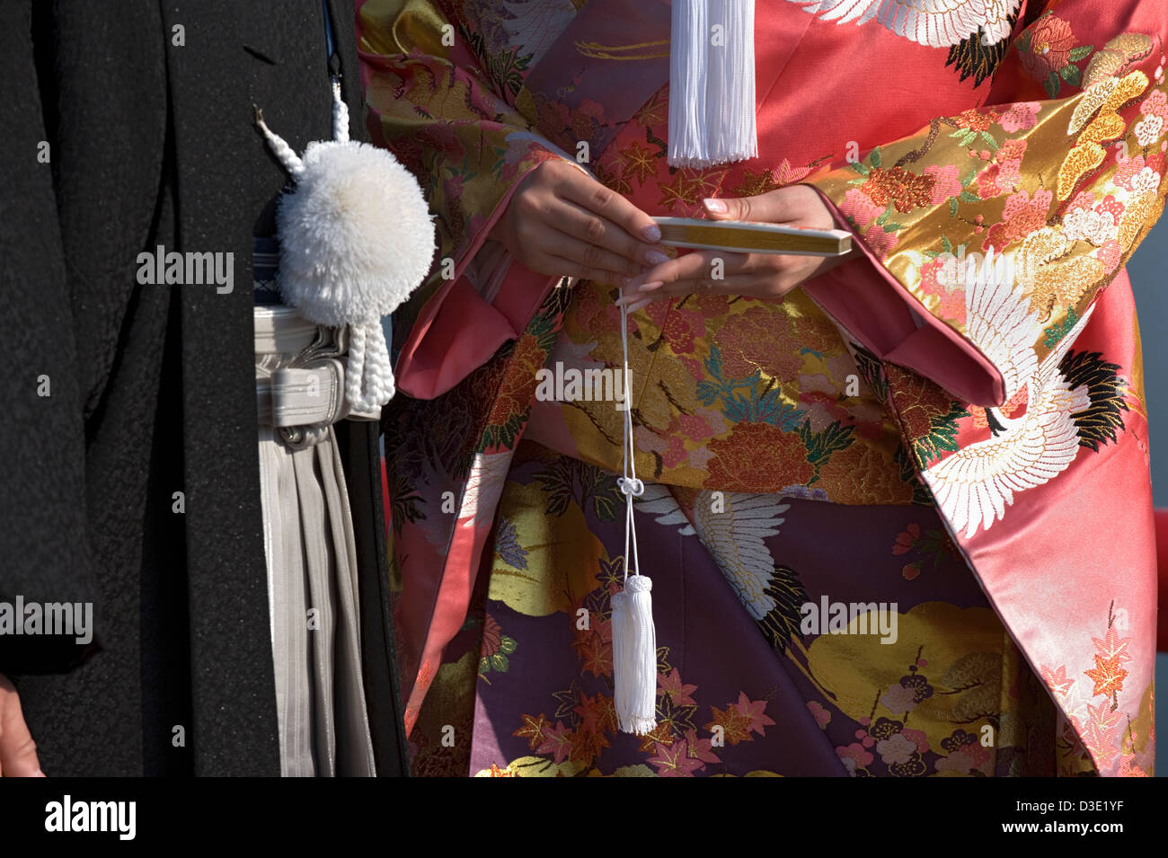 Eine Nahaufnahme Detail eine Braut hält ein gefaltetes Fan und Bräutigam tragen traditionelle Kimono bei ihrer Trauung in Japan. Stockfoto