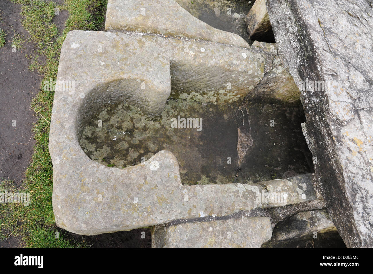 Stein-Sarg unter einem Doppelboden in den Ruinen der Kathedrale von St. Andrews, Schottland. Stockfoto