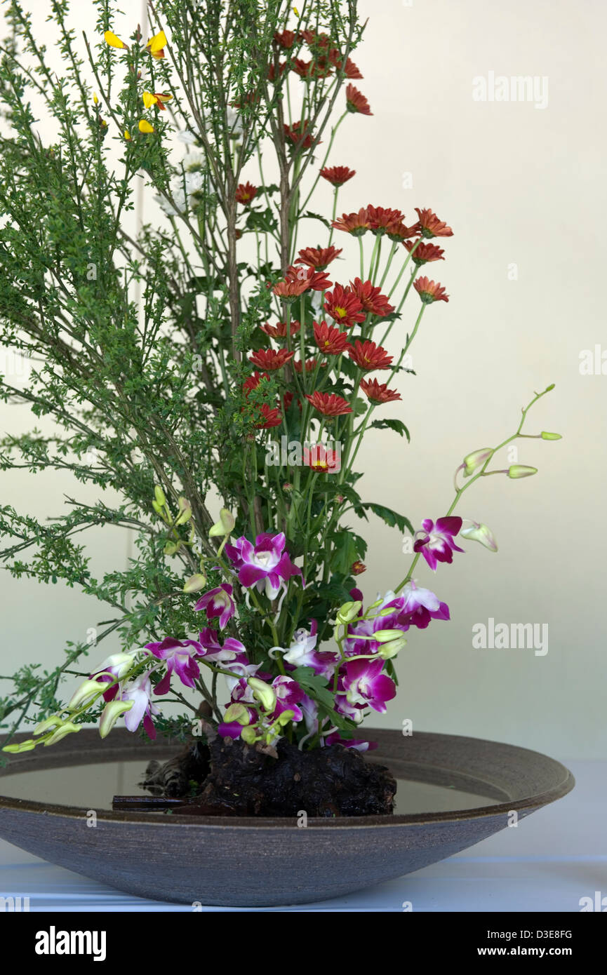 Ein modernes Ikebana-Blumenarrangement in einer flachen Schüssel mit Frühlingsblumen in Tokio, Japan. Stockfoto