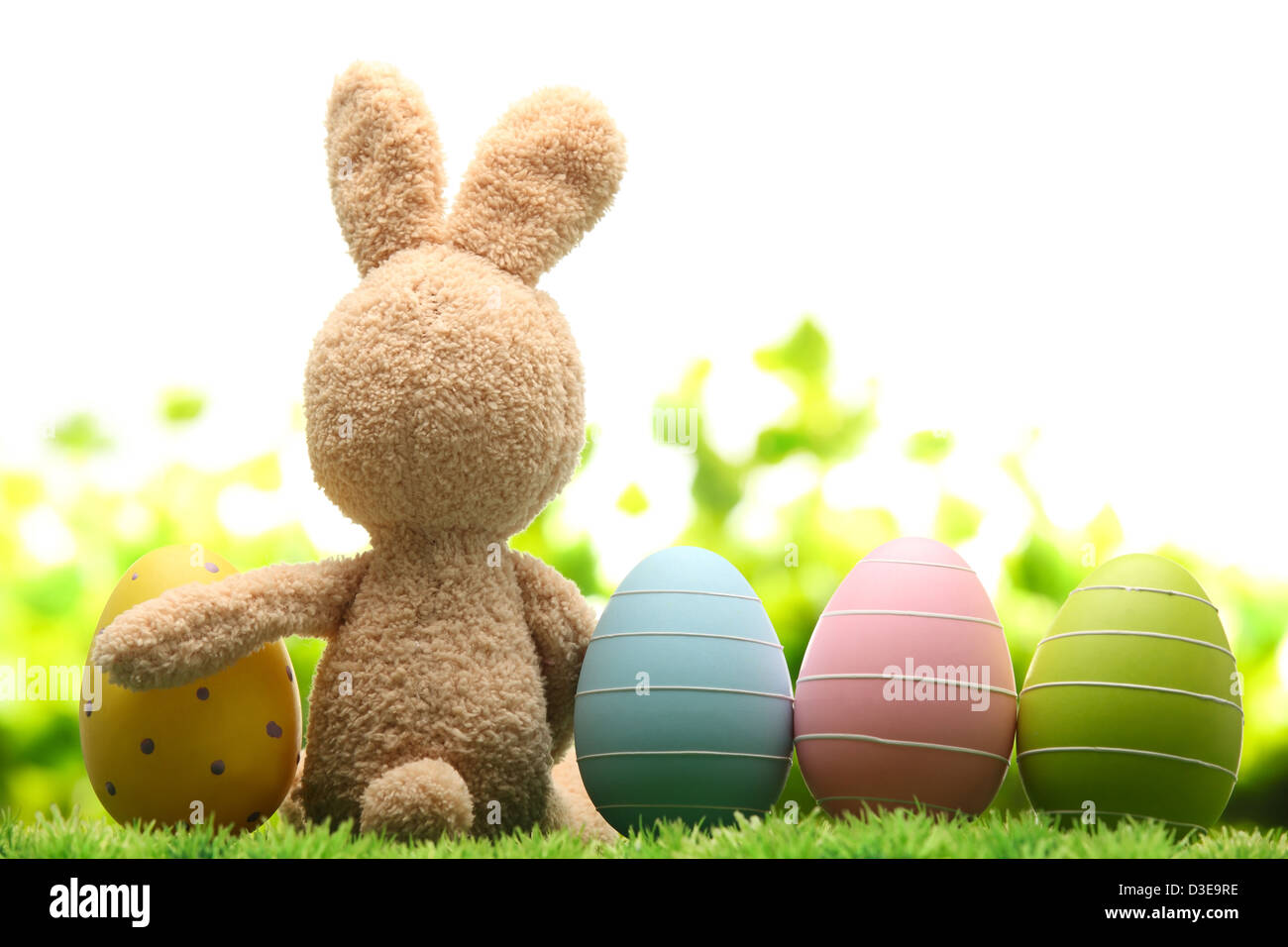 Kaninchen und Ostern Zucker Eiern auf Wiese. Stockfoto