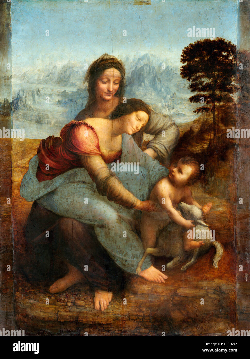 Leonardo da Vinci, die Jungfrau und Kind mit St. Anne 1510-13 Öl auf Holz. Paris, Louvre Stockfoto