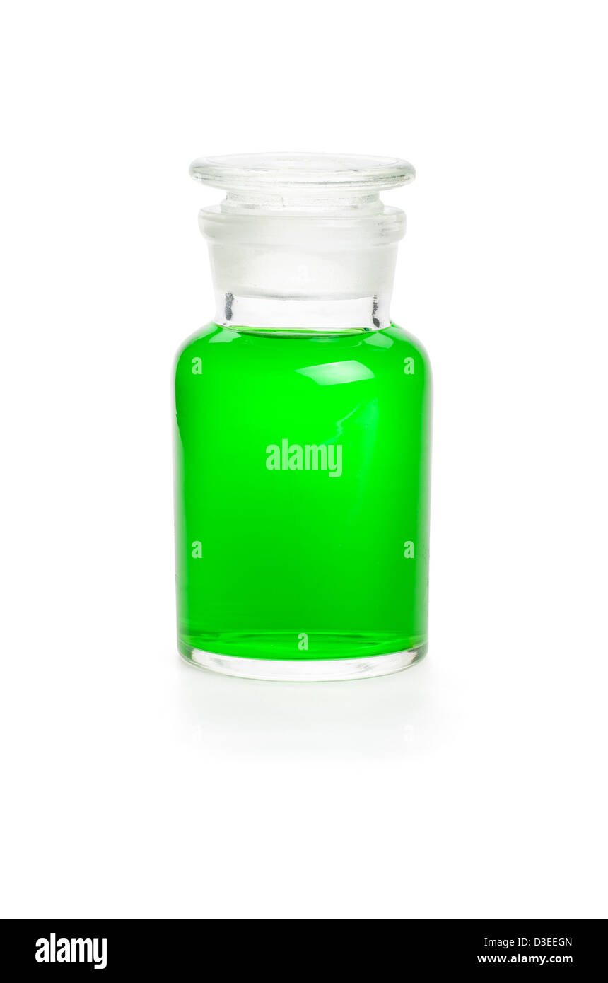 Labor-Flasche mit grüner Flüssigkeit gefüllt Stockfoto