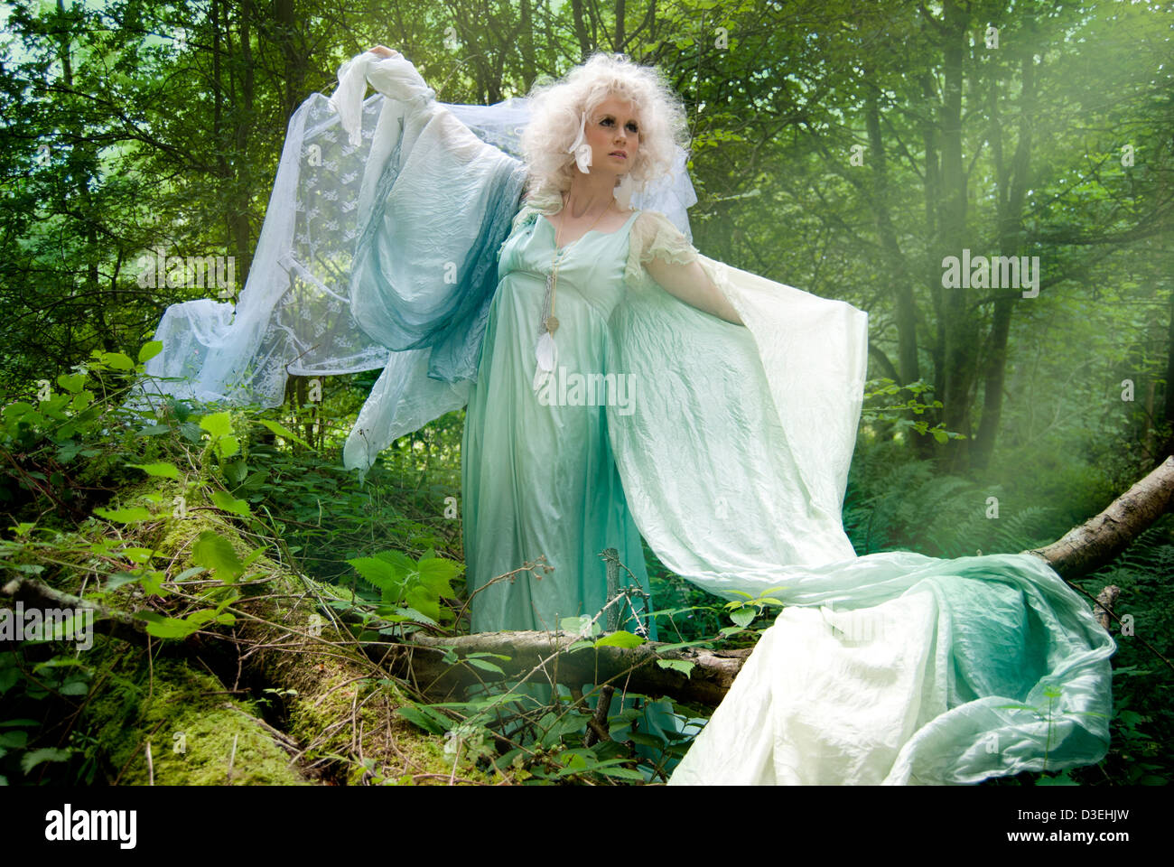 Grüne ätherischen mystischen Fantasy Wald mit einem Wald Nymphe Prinzessin Geschichte Märchen-Pixie-Elf, die Abenteuer und Magie Stockfoto