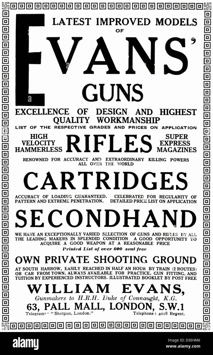 Original 1920er Jahre Vintage Printwerbung aus englischen Country Gentlemans Zeitung Werbung Gewehre und Patronen von Evans Guns of Pall Mall London Stockfoto