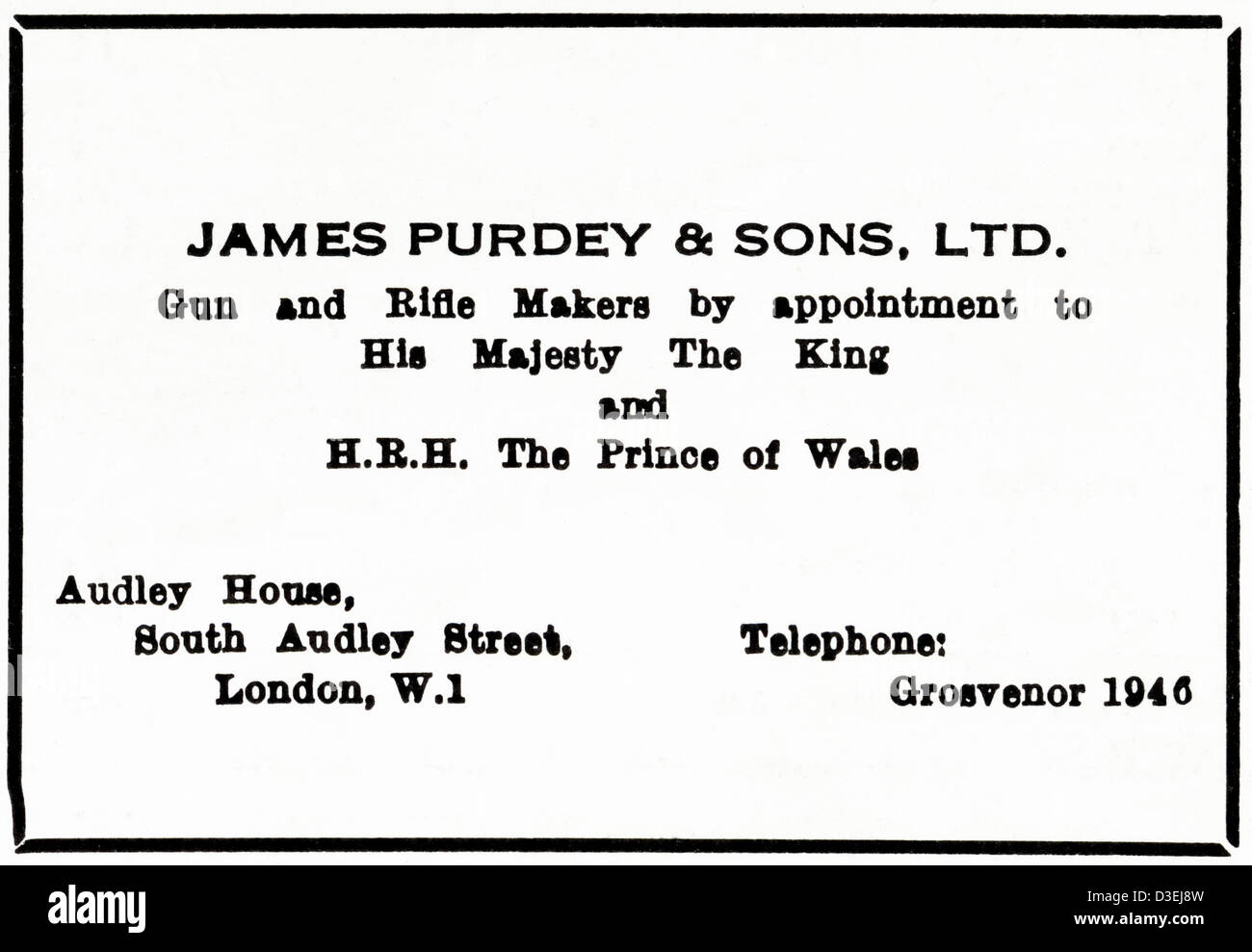 Original 1920er Jahre Vintage print Werbung von Englisch Landherr Zeitung Werbung Pistole und Gewehr Makers von James Purdey & Sons of South Audley Street London Stockfoto
