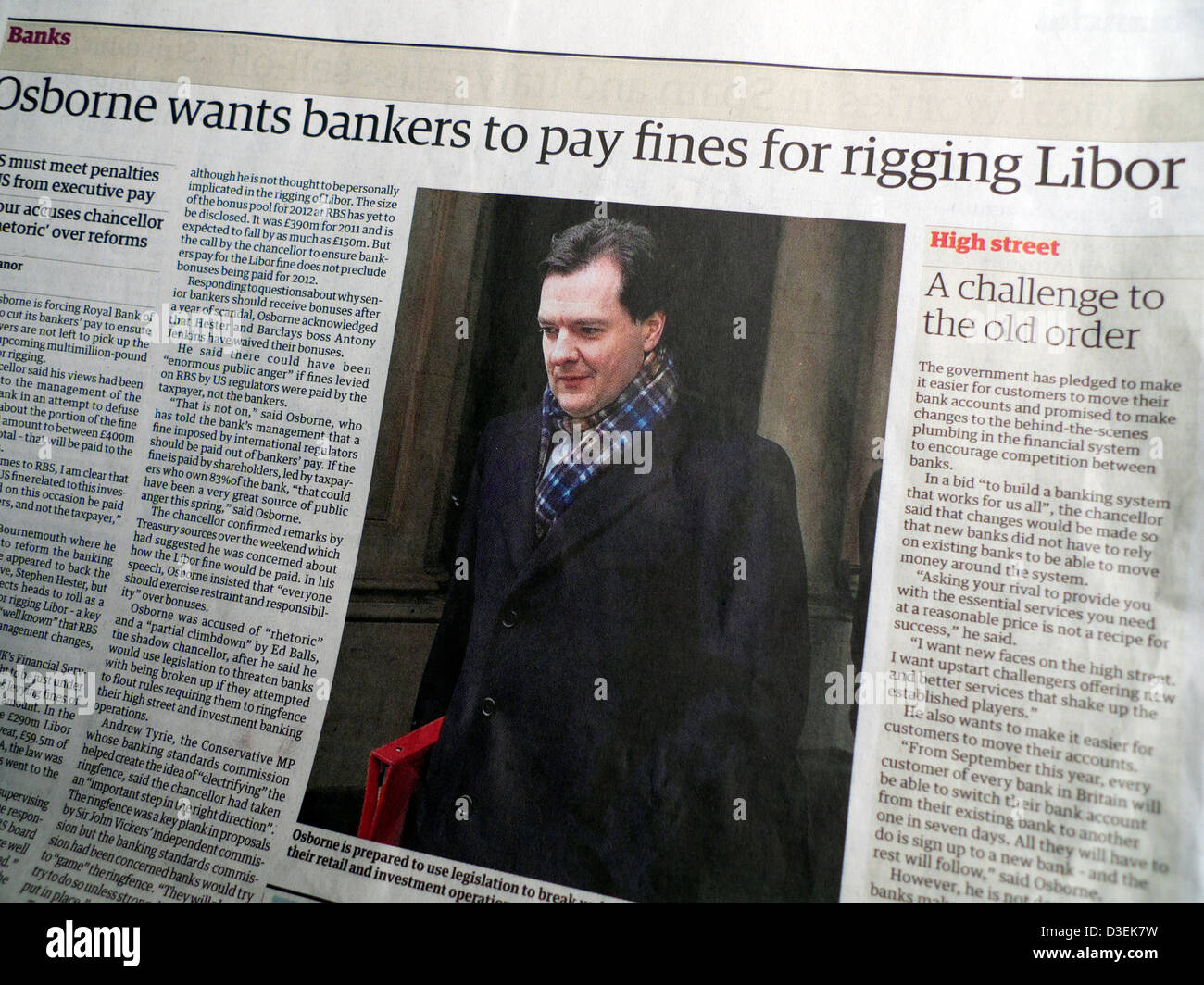 "Osborne will Banker zu Geldstrafen verurteilt für rigging Libor" Schlagzeile im Guardian-Artikel London England UK Stockfoto