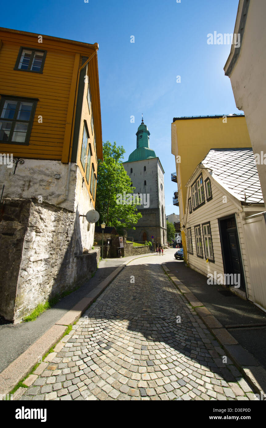 Die gemütlichen Gassen der norwegischen Stadt Bergen Stockfoto