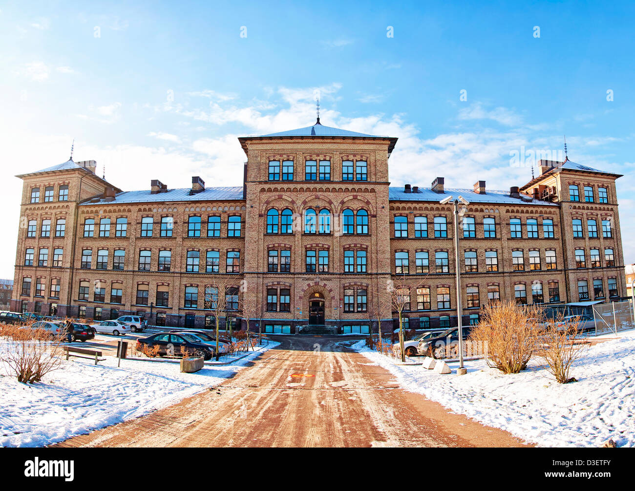 Eine genähte Panorama von einer alten Schule in der schwedischen Stadt Helsingborg. Stockfoto