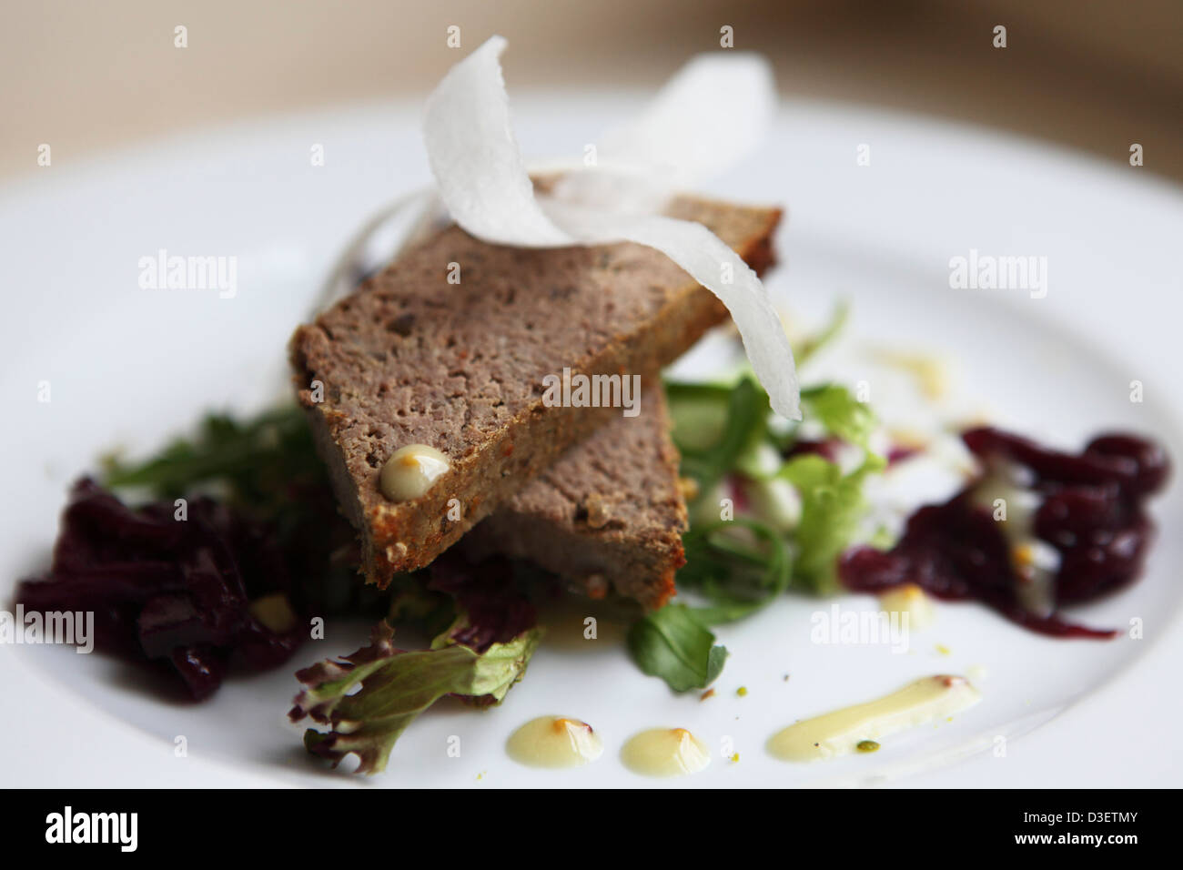 Kaninchen-Pastete serviert zum Mittagessen im Sierakow Manor House im Hinterland von Krakau, Polen. Stockfoto