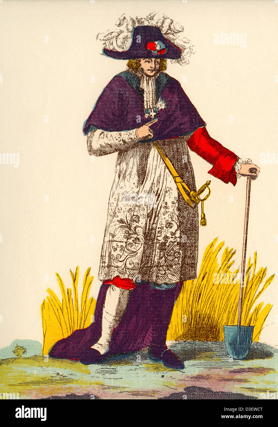 Mann trägt Mischung aus Kleidung, die drei Aufträge - Klerus, Adel und Worker - in Frankreich während der französischen Revolution darstellt. Stockfoto