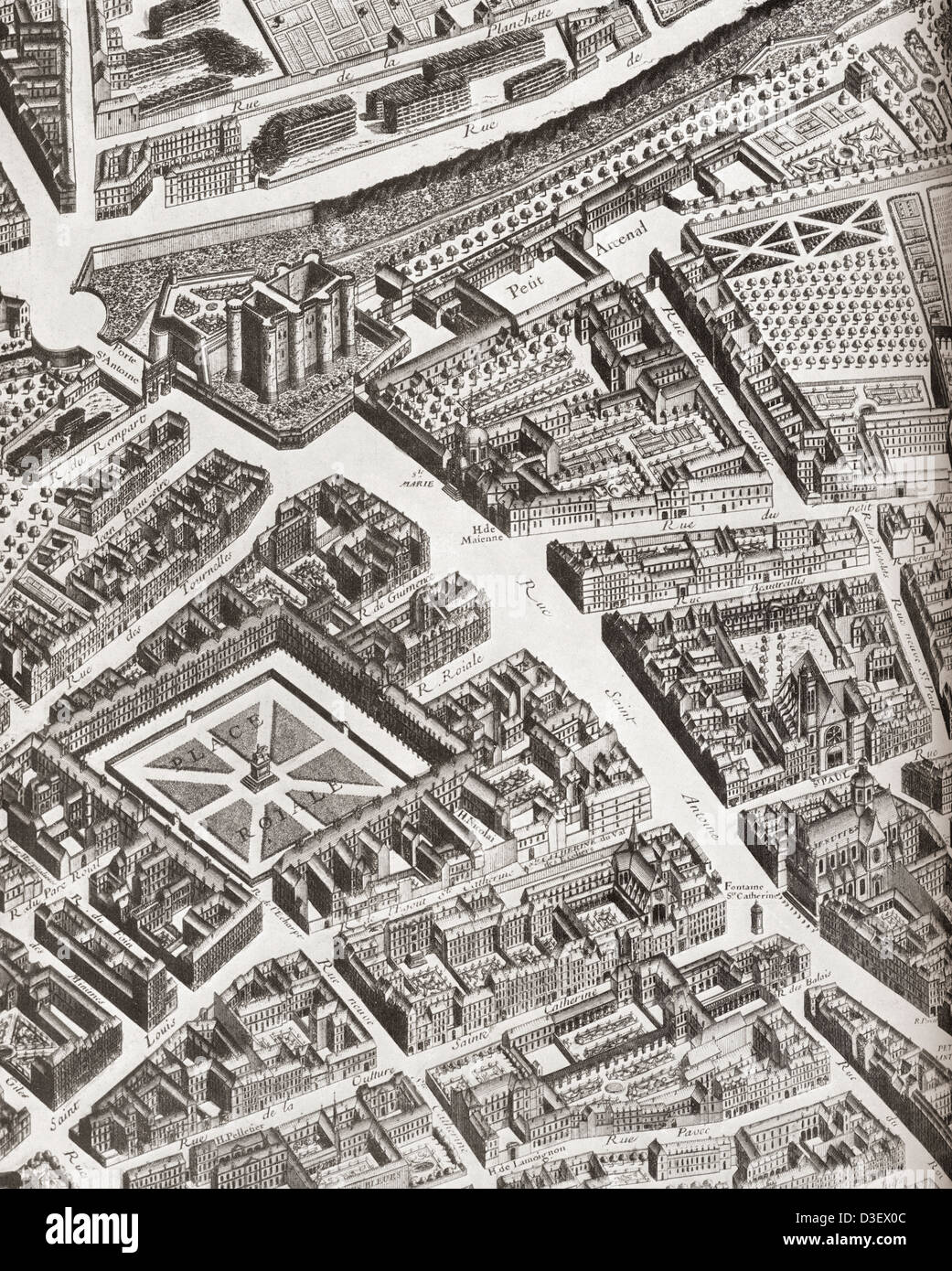 Fragment der Turgot Karte von Paris, Frankreich, La Porte Saint-Antoine, der große Eingang im Osten von Paris zeigen. Stockfoto