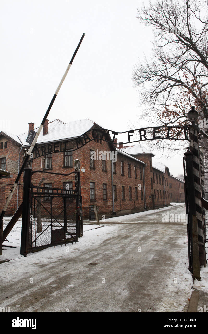 Main gate ich in Auschwitz KZ, Teil des staatlichen Museum Auschwitz-Birkenau in Oswiecim, Polen. Stockfoto