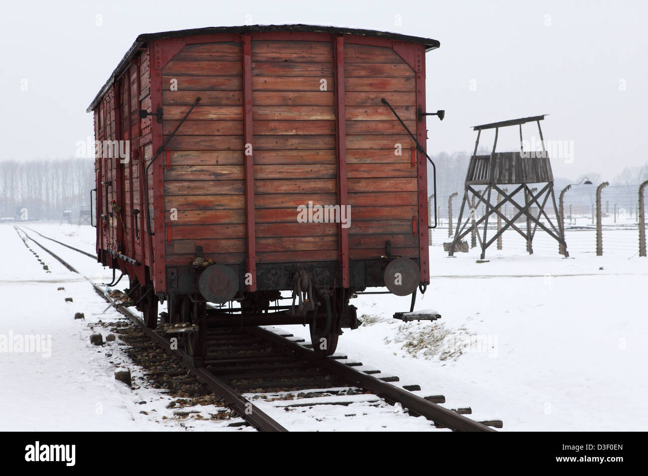 Ein original Eisenbahnwagen im KZ Birkenau (Auschwitz II), Teil des staatlichen Museum Auschwitz-Birkenau. Stockfoto
