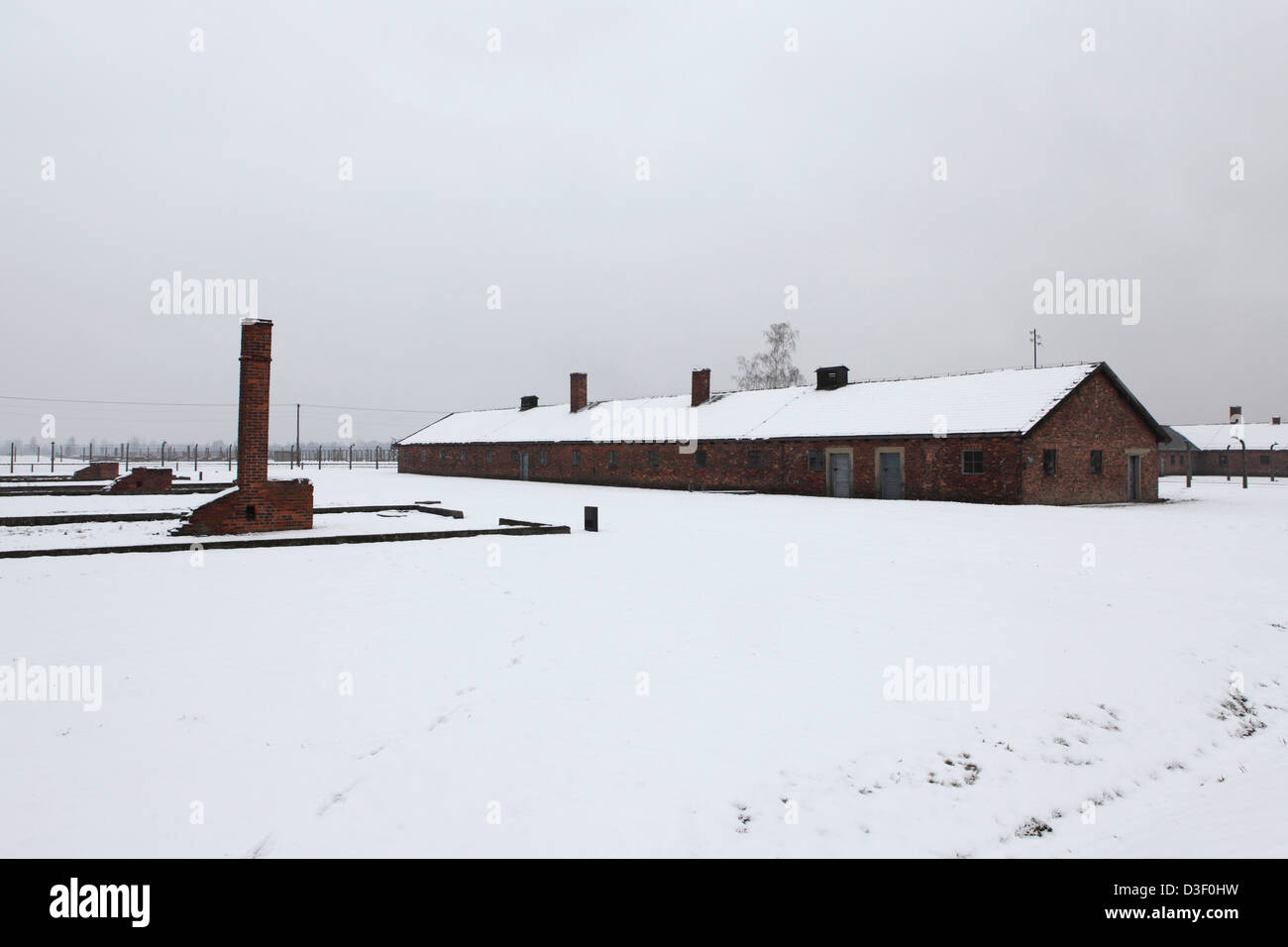 Kaserne und Ruinen im KZ Birkenau (Auschwitz II) in Oswiecim, Polen. Stockfoto