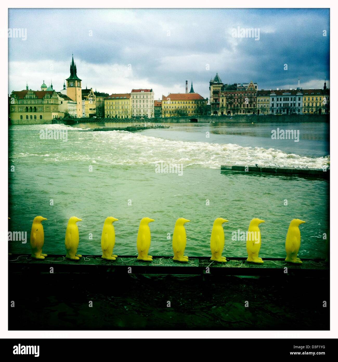 7. Februar 2013 - Prag, Tschechische Republik - Skulptur von 34 gelb leuchtende Pinguine durch die italienischen '' Cracking Art Group'' im Rahmen der Ausstellung "Re-Evolution'' in Prag, Malá Strana, Kampa... Prag, die Hauptstadt der Tschechischen Republik ist. Heimat einer Reihe von berühmten kulturelle Attraktionen wie Prager Burg, Karlsbrücke, Altstädter Ring, das jüdische Viertel, Lennon-Mauer und Pet? ein Hügel. Rund 5 Millionen Besucher pro Jahr gehen die umfangreiche historische Zentrum von Prag, die in die UNESCO-Liste des Weltkulturerbes, mit dem Iphone fotografiert enthalten ist Hipstamatic app, Prag, Tschechische R Stockfoto