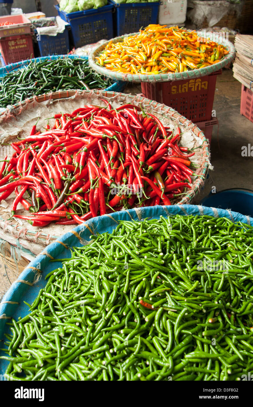 Red Chilli mit grünem Chili im Hintergrund in einem Markt Stockfoto
