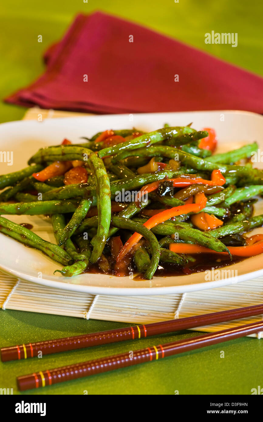 Grüne Bohnen Szechuan Style Entrée chinesisches Essen. Stockfoto