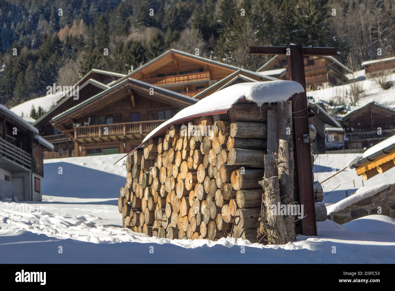 Brennholz für den Winter gespeichert gestapelt Stockfoto