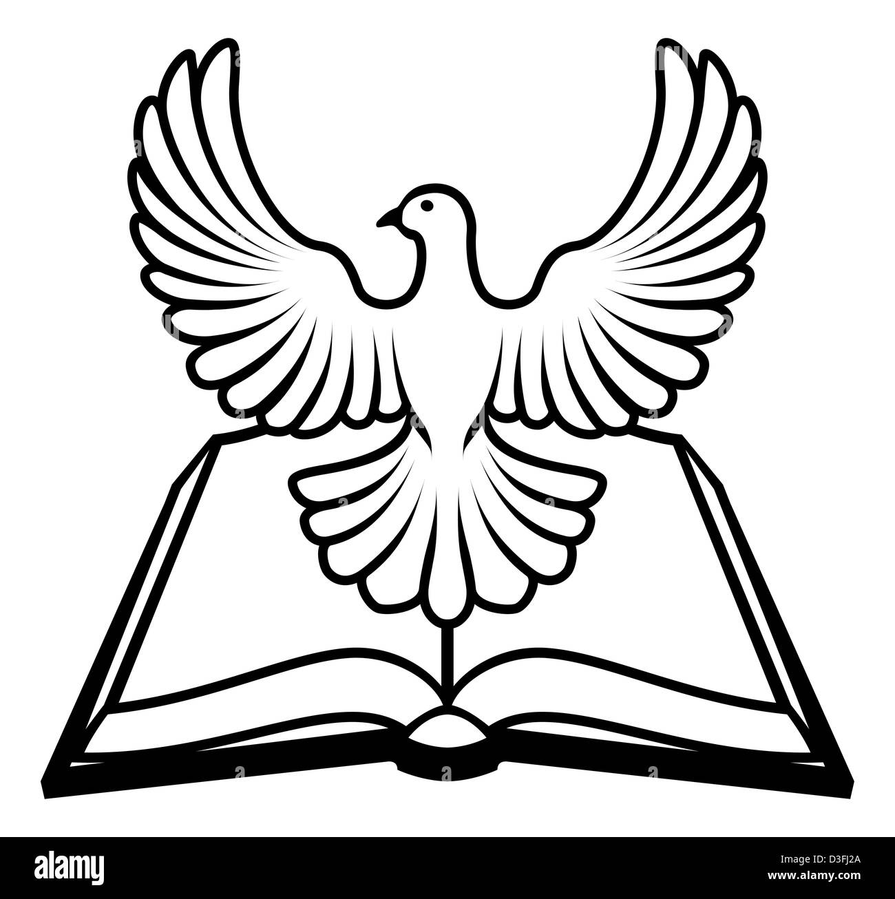 Christian-Bibel mit dem Heiligen Geist in Form einer weißen Taube. Stockfoto