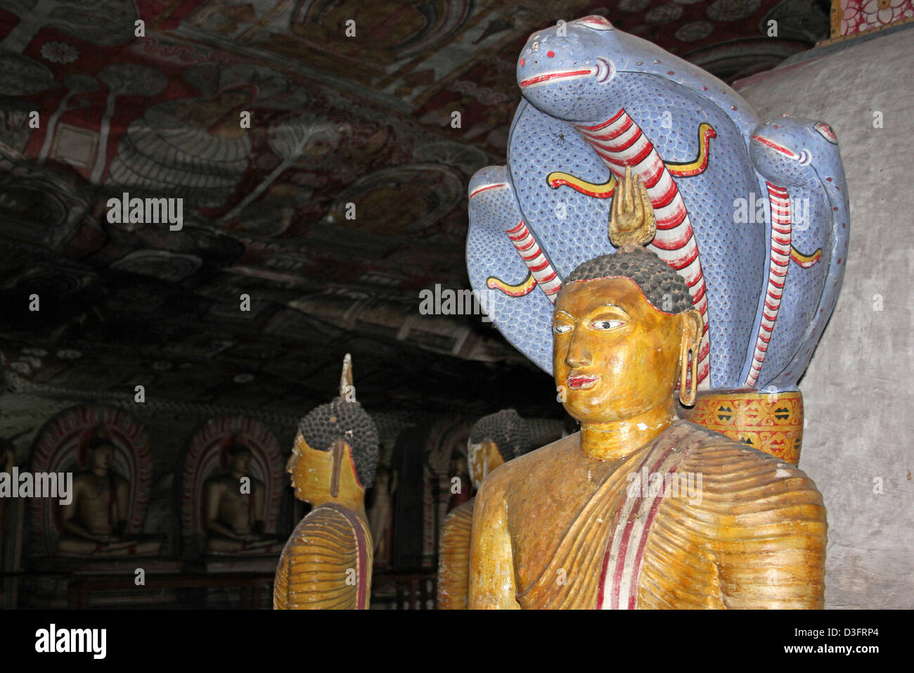 Muchalinda Cobra Haube über dem Lord Buddha Bild in Maharajalena Höhle Tempel, Dambulla Stockfoto