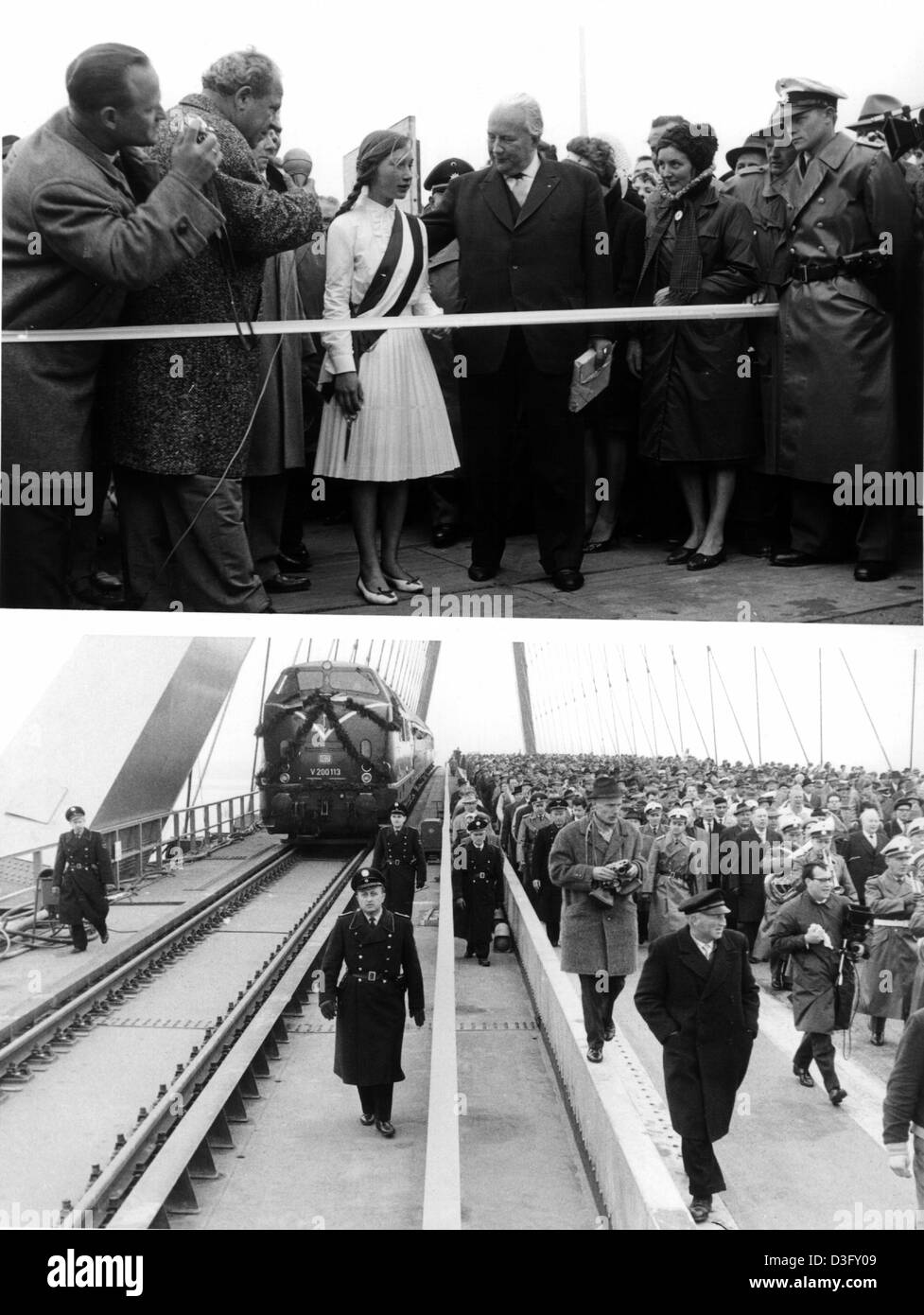 Die Fehmanrsundbrücke - Brücke -, die dem Festland und der Insel Fehmarn über das Batlic Meer verbindet wurde offiziell am 30. April 1963 eröffnet. Ein junges Mädchen schneidet das weiße Band und das untere Bild zeigt die Ehrengäste der Brücke. Stockfoto